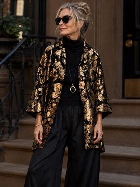 Bryn Walker Yael Folie D’Oro Jacquard Metallic Floral Jacket Lagenlook Statement